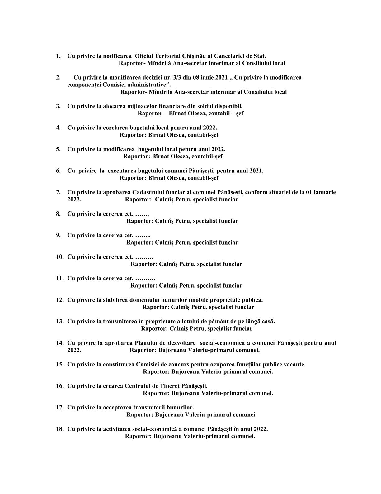 Ordinea de zi a proiectelor de decizii de mai jos